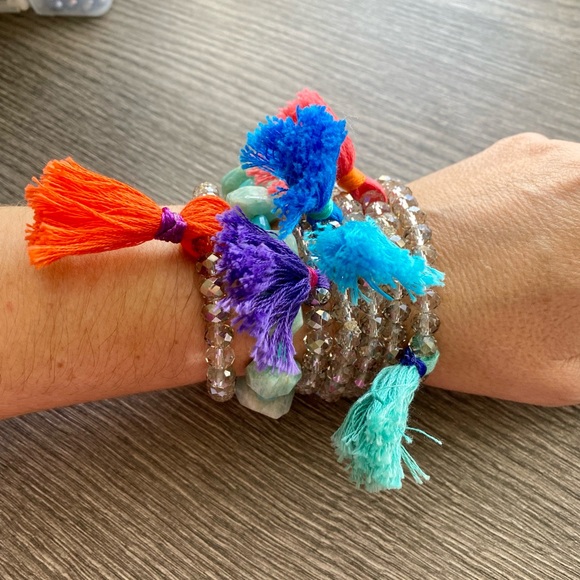 Boho bracelet with tangerine and melon tassel.  One size - Picture 2 of 3